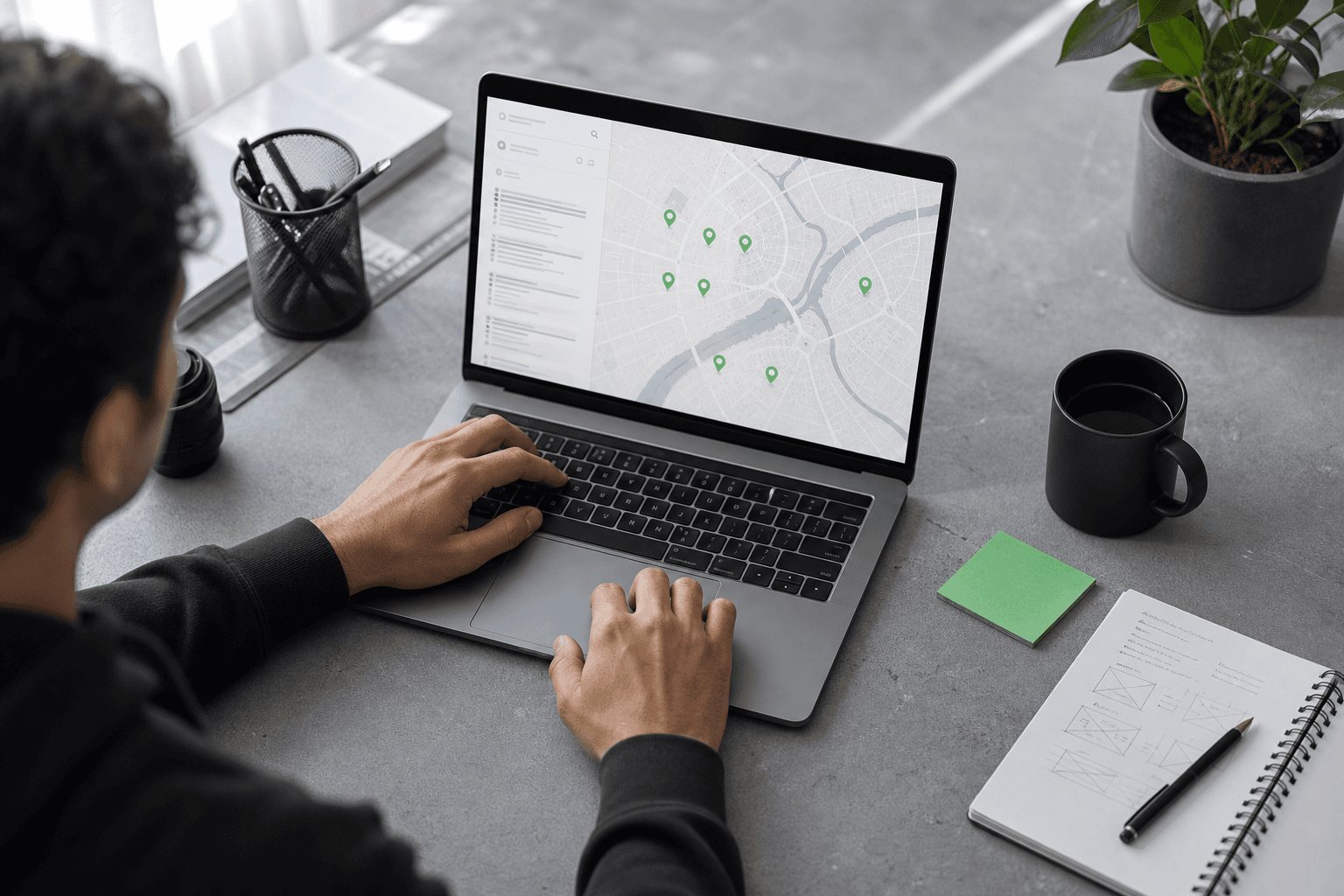 Profissional pesquisando empresas em um notebook